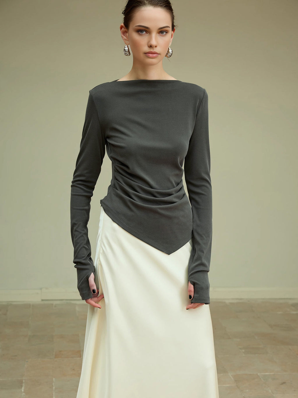 Asymmetric Pleated Jersey Blouse in Grey — Svelte Chic