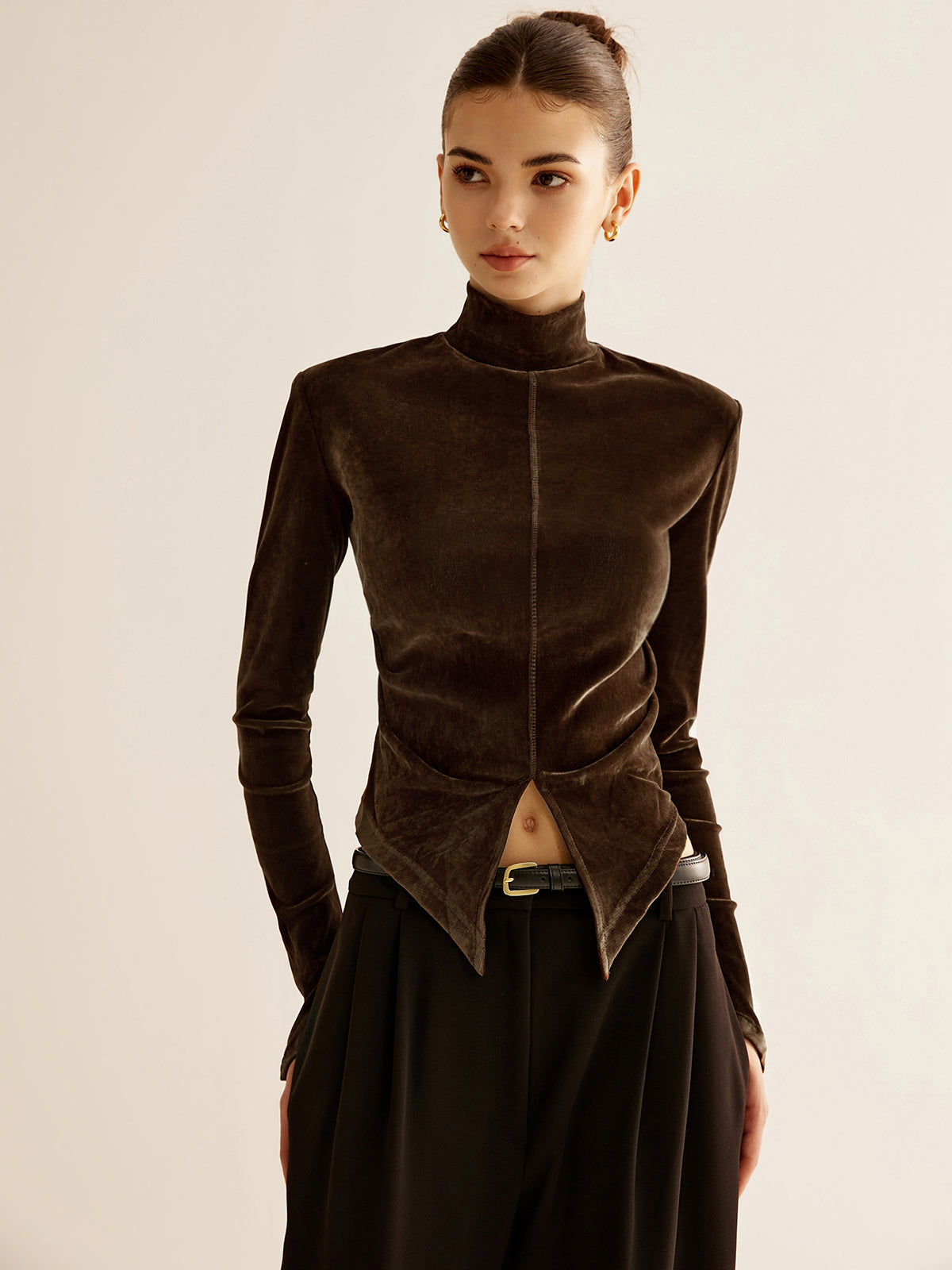 Velvet Mock Neck Slit Top in Dark Brown — Svelte Chic