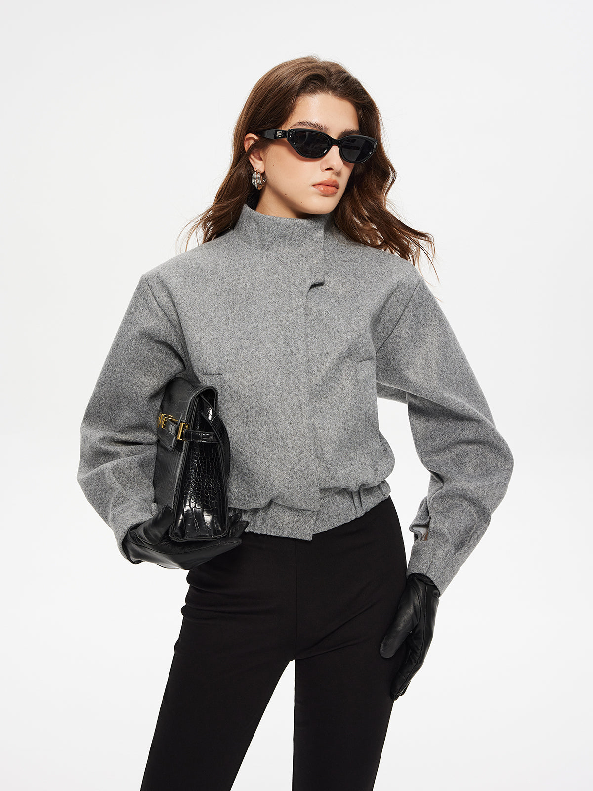 Button Clasp Cropped Blazer in Grey — Svelte Chic