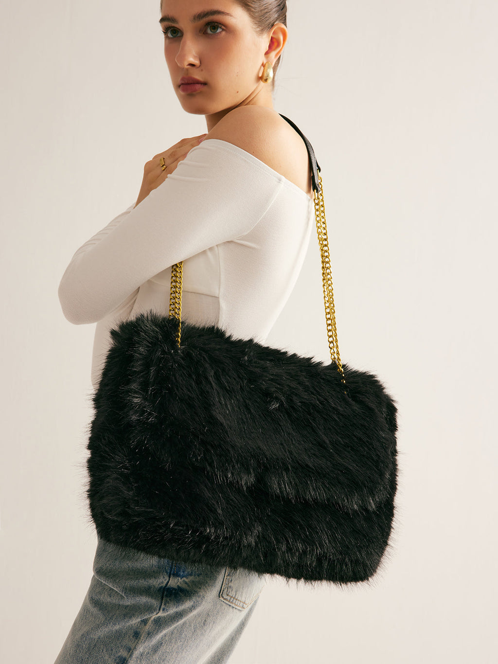 Large Faux Fur Flap Bag in Black — Svelte Chic
