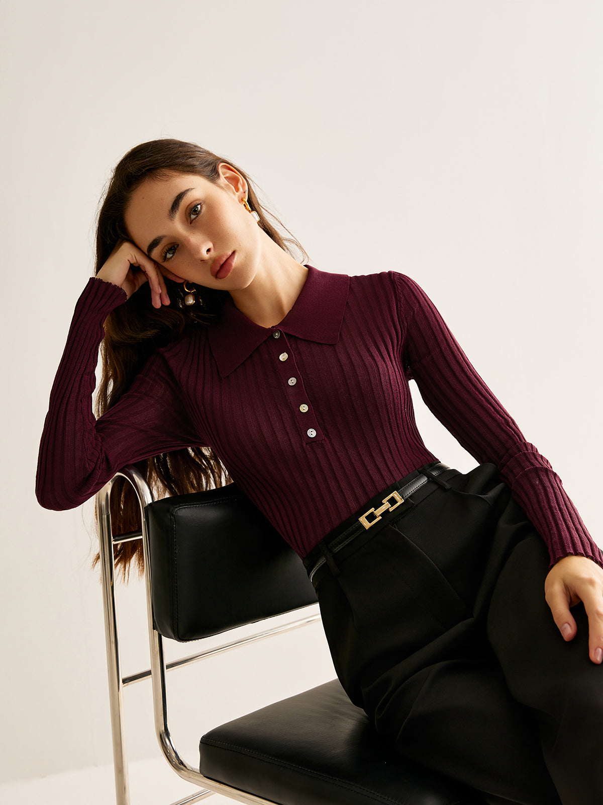 High Stretch Polo Knit Top in Burgundy — Svelte Chic