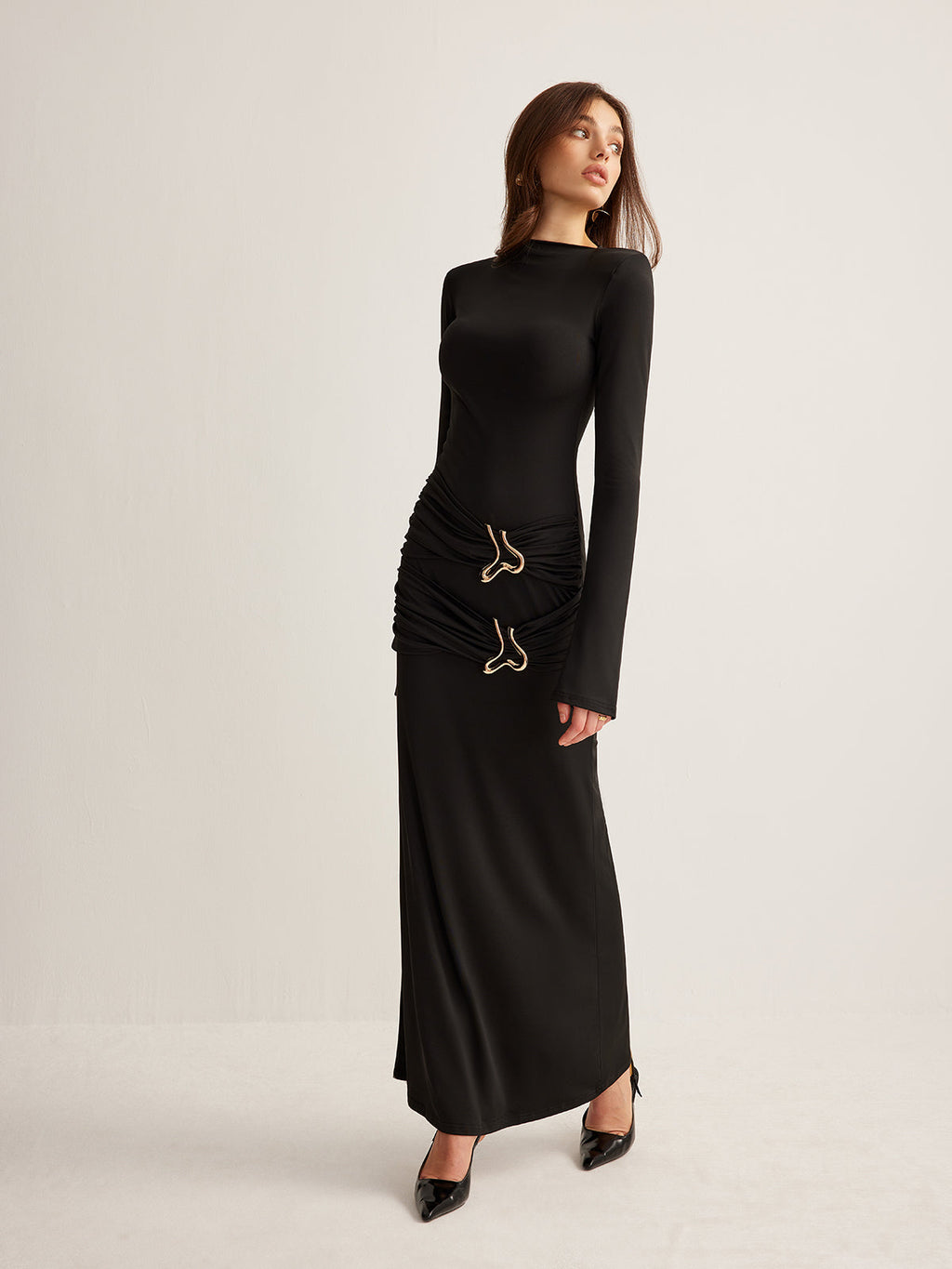 Metal Ring Pleated Jersey Maxi Dress — Svelte Chic