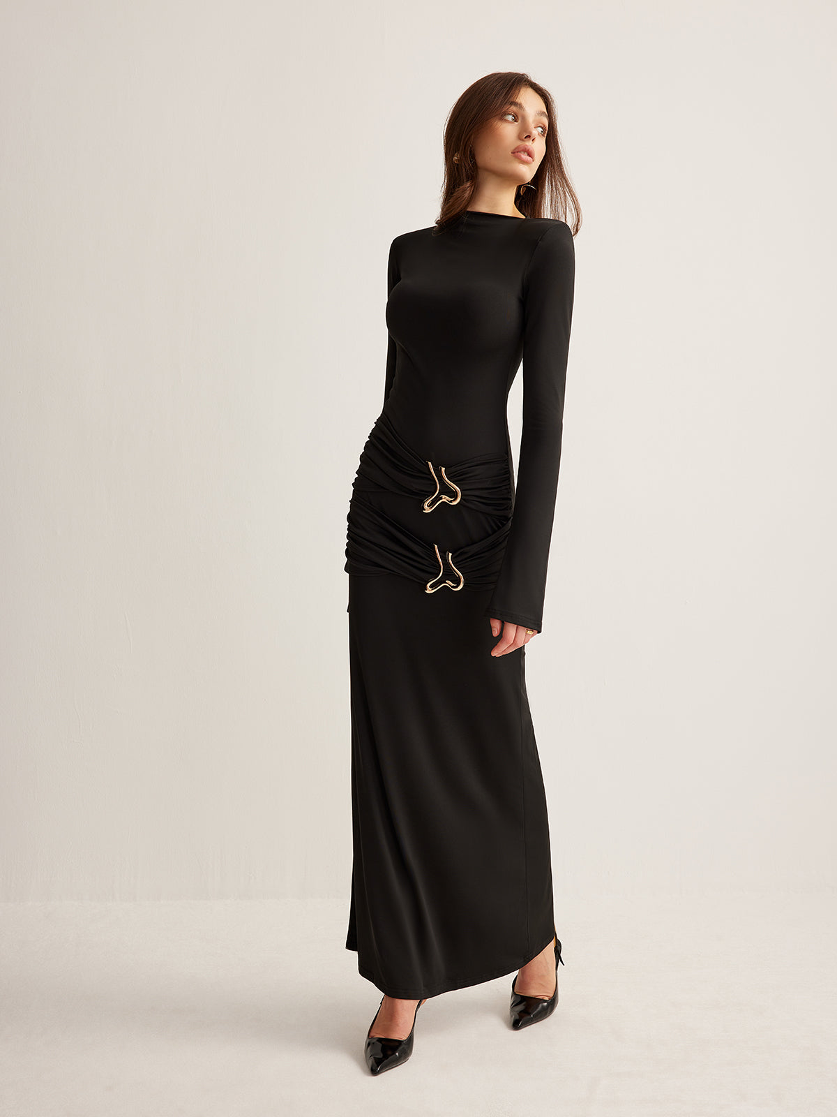 Metal Ring Pleated Jersey Maxi Dress — Svelte Chic