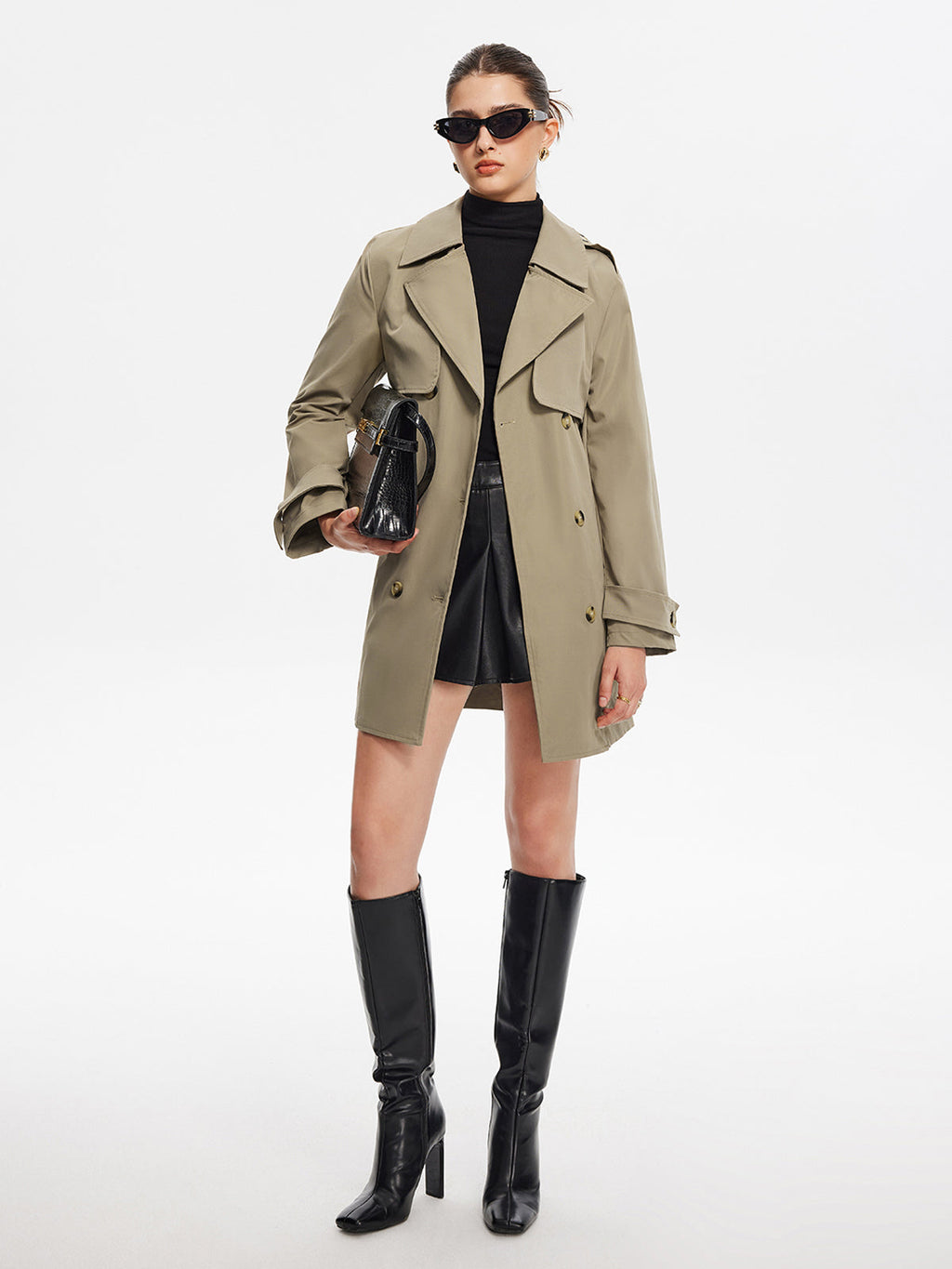 Wide Belted Lapel Trench Coat in Khaki — Svelte Chic