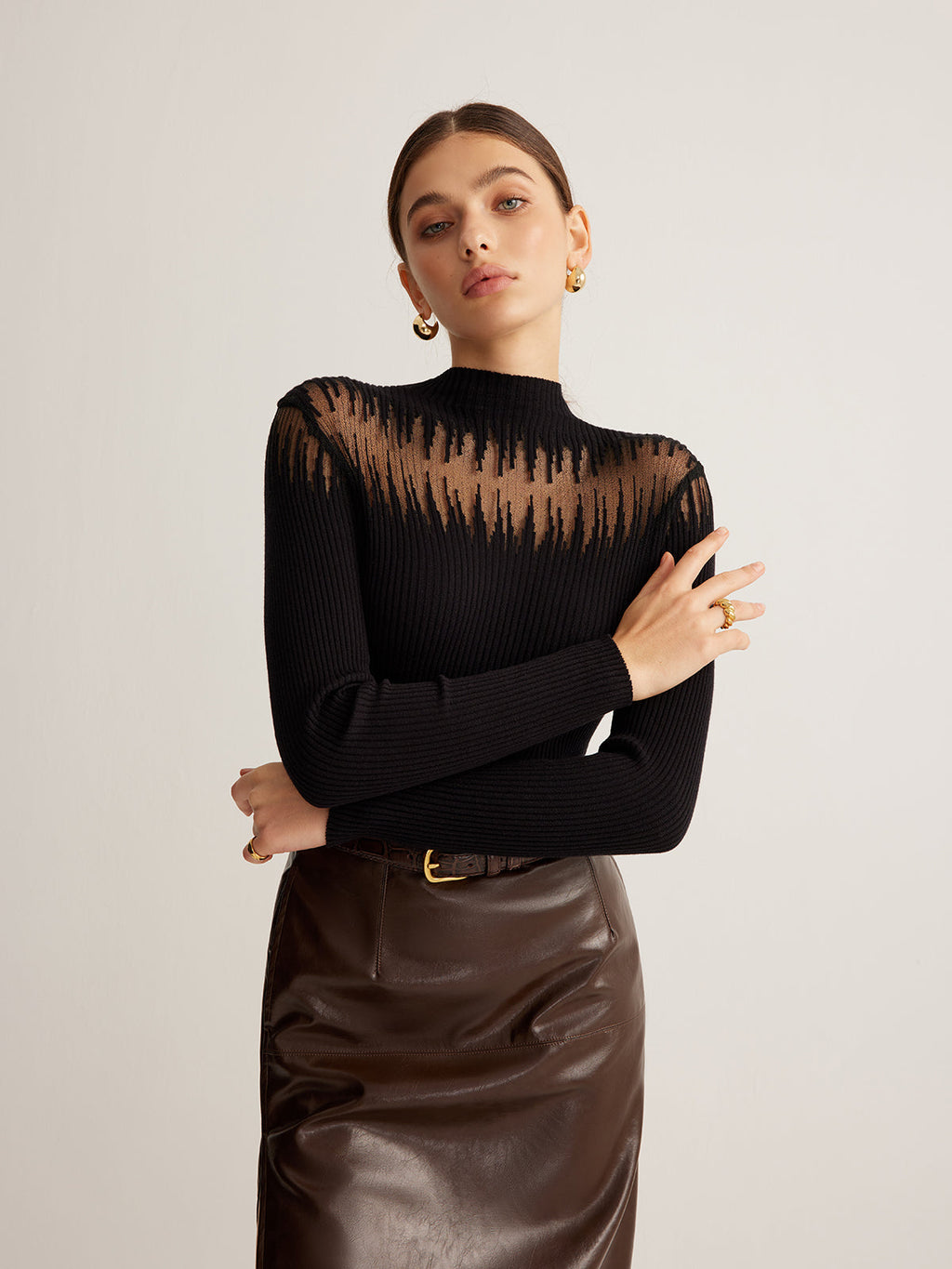 Mock Neck Sheer Panel Knit Top — Svelte Chic