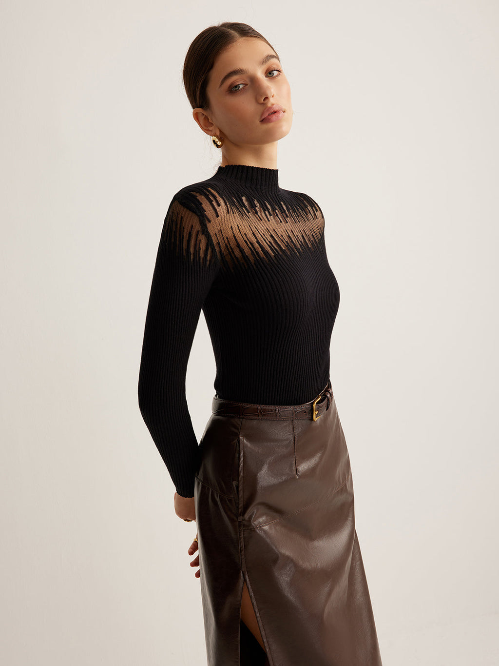Mock Neck Sheer Panel Knit Top — Svelte Chic