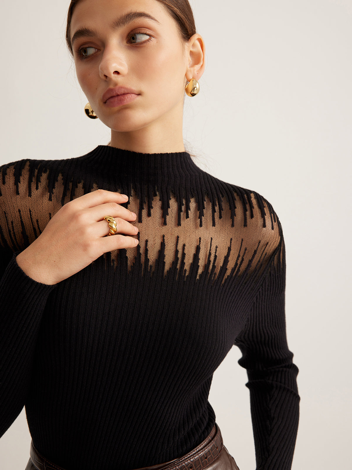 Mock Neck Sheer Panel Knit Top — Svelte Chic