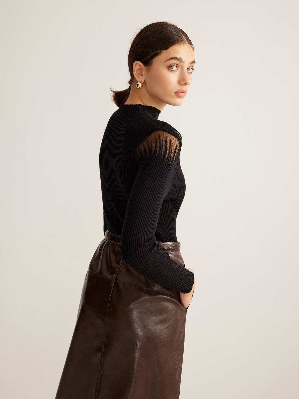 Mock Neck Sheer Panel Knit Top — Svelte Chic