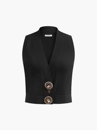 Yün Karışımlı Kristal Düğmeli Kazak Yeleği