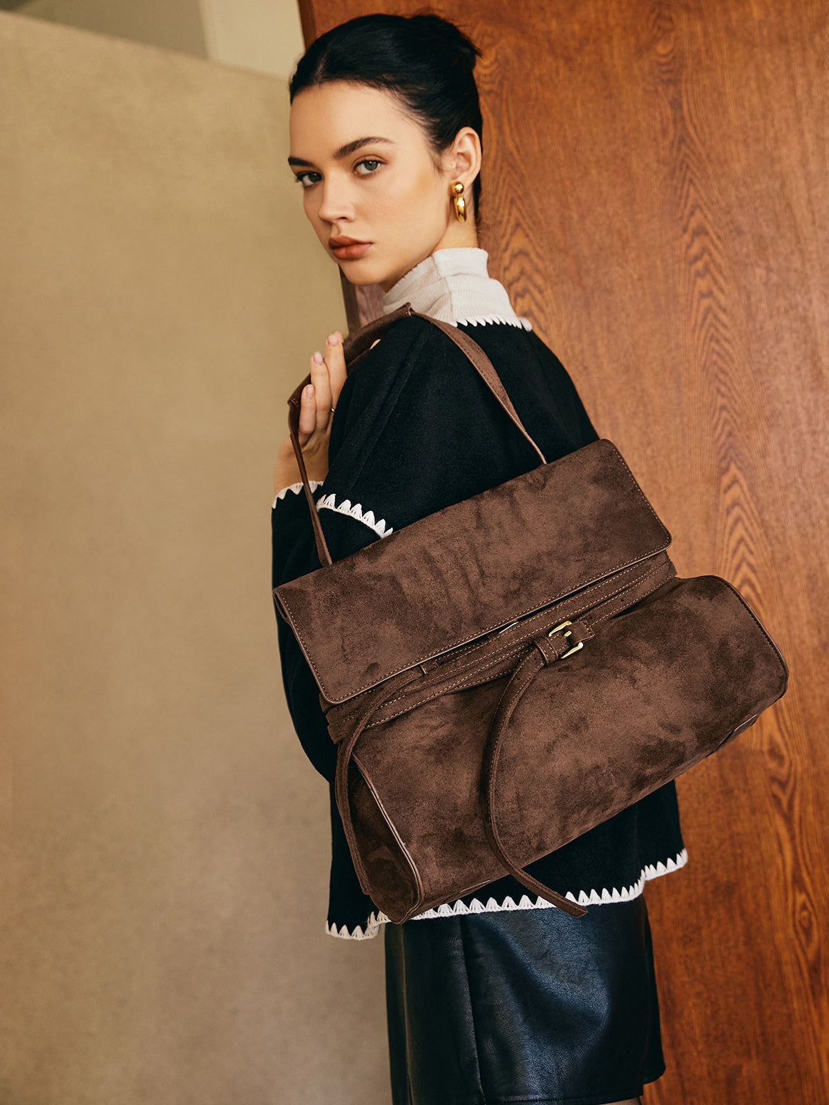 Bohème Flap Suede Bag in Dark Brown — Svelte Chic