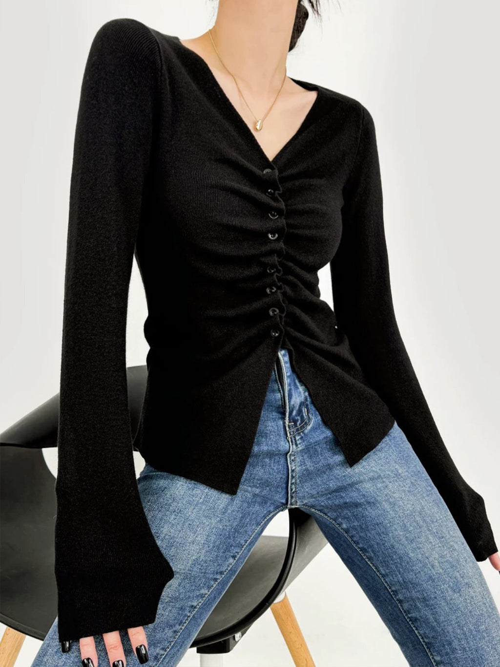 Button Pleated Knit Top in Black — Svelte Chic