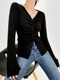 Button Pleated Knit Top in Black — Svelte Chic