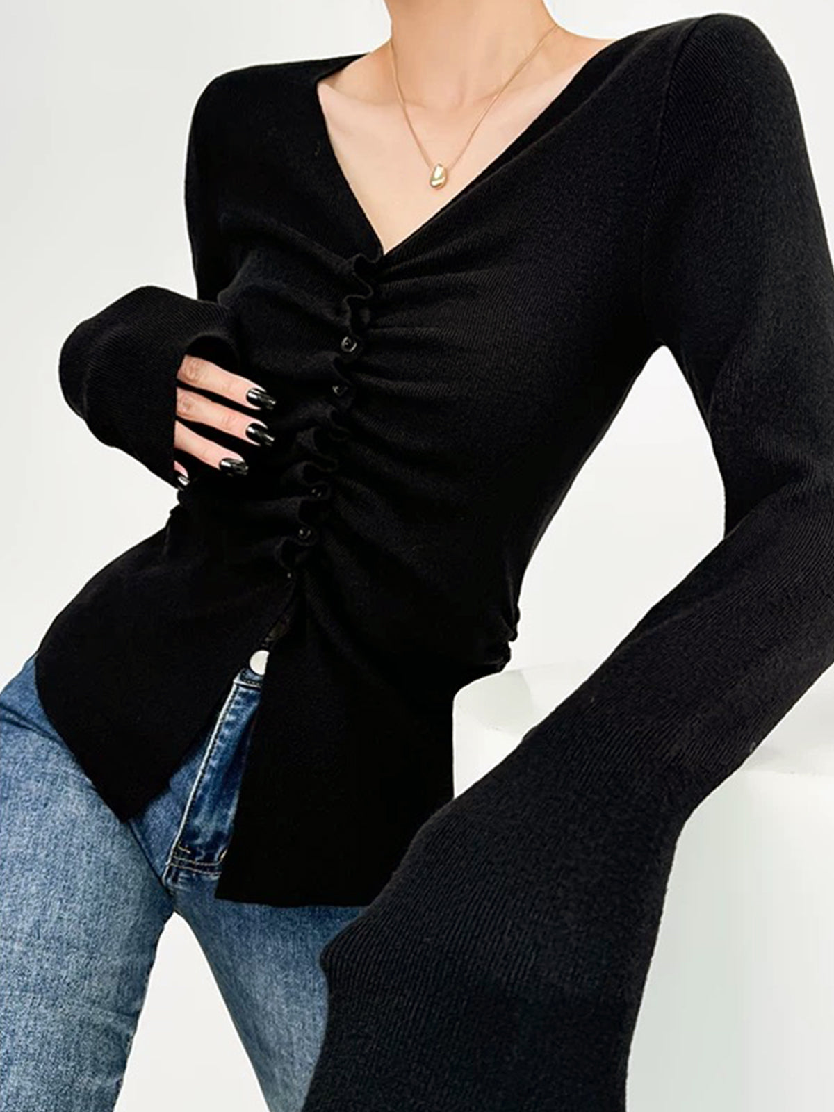 Button Pleated Knit Top — Svelte Chic