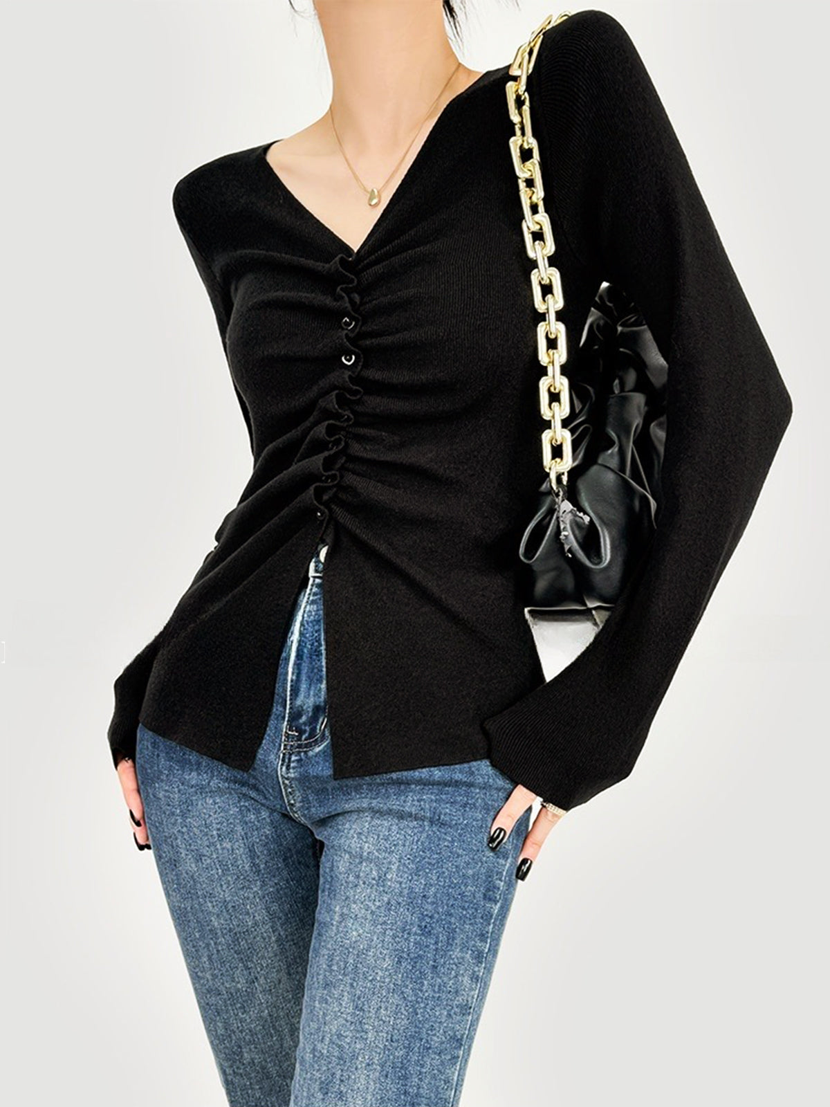 Button Pleated Knit Top — Svelte Chic