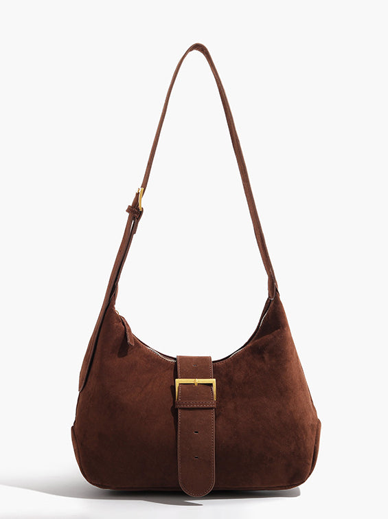 Retro Buckle Zip Crescent Bag in Brown — Svelte Chic