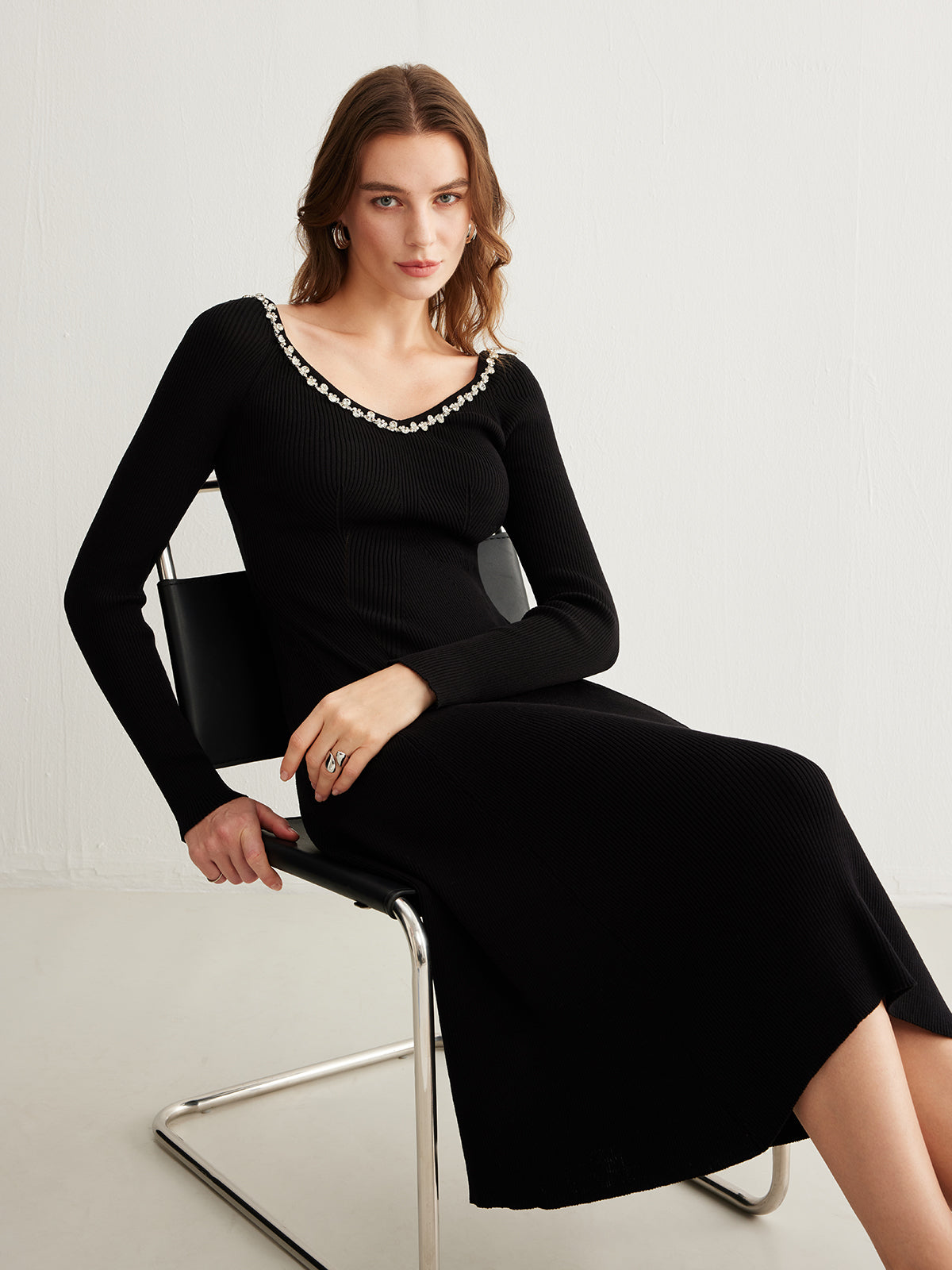 Rhinestone Knit Midi Dress in Black — Svelte Chic