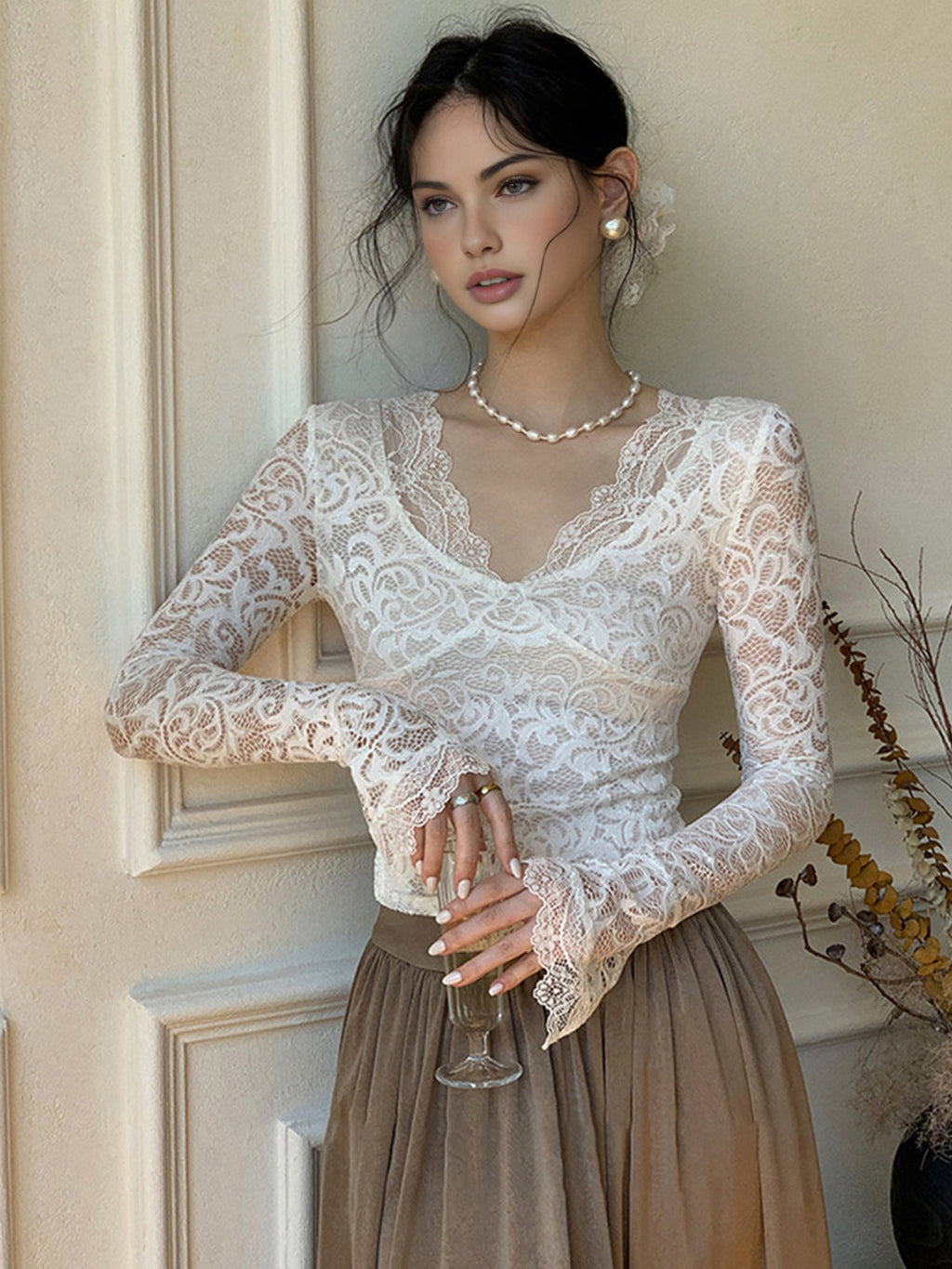 Ruffle Cuff Lace Top in White — Svelte Chic