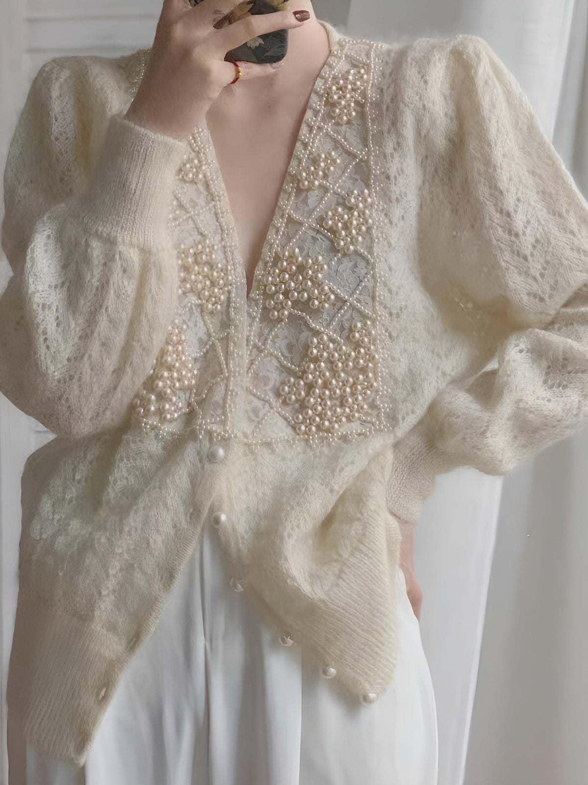 Pearl Beaded Button Cardigan in Off-White — Svelte Chic