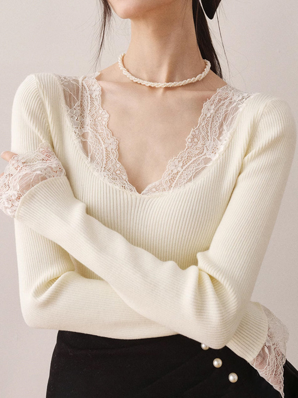 Lace Trim Knit Blouse in Off-White — Svelte Chic