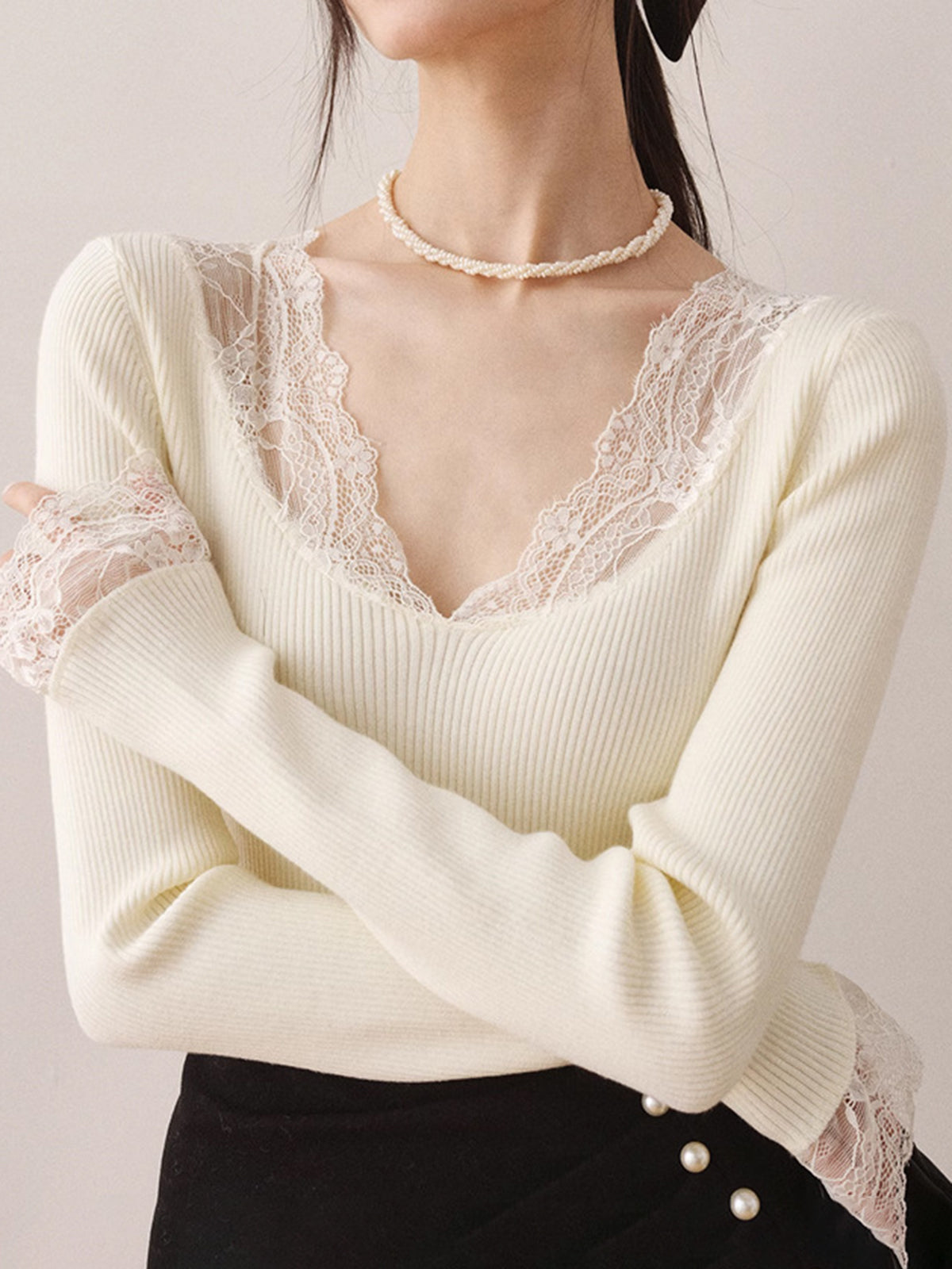 Lace Trim Knit Blouse in Off-White — Svelte Chic