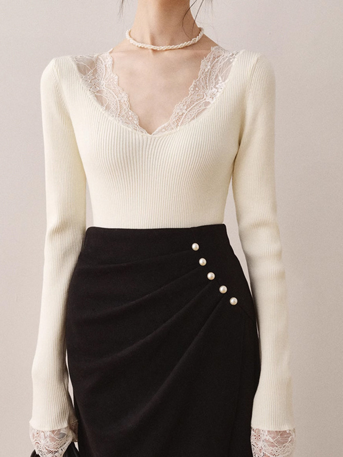 Lace Trim Knit Blouse — Svelte Chic