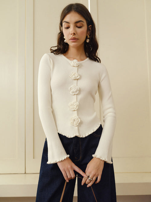 3D Flower Lettuce Trim Cardigan in Apricot — Svelte Chic