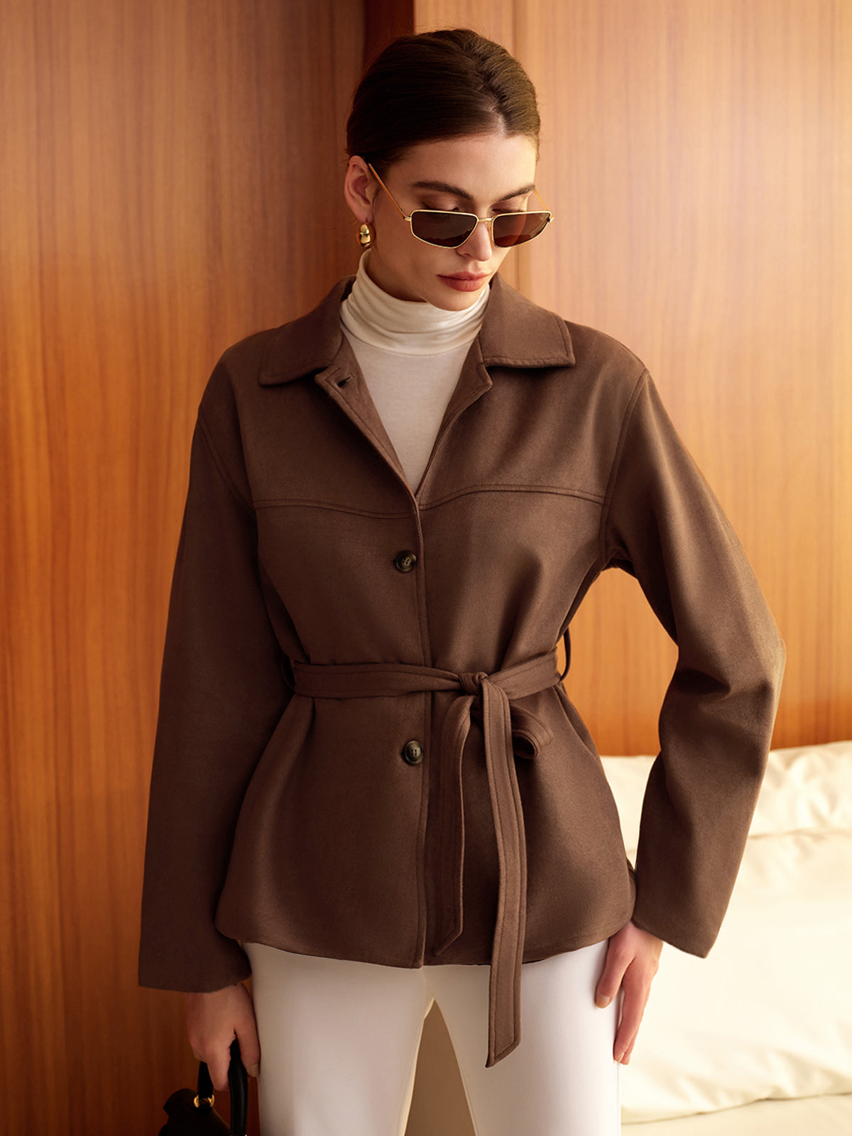 Bohème Belted Suede Jacket in Dark Brown — Svelte Chic