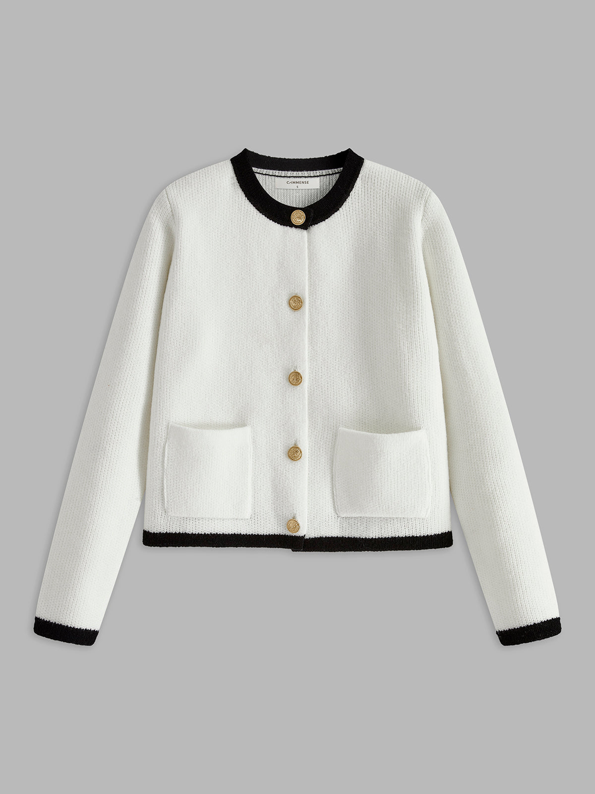 Contrast Trim Button Cardigan in White — Svelte Chic