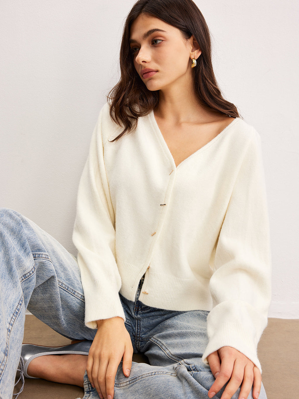 V-Neck Metal Button Cardigan in White — Svelte Chic