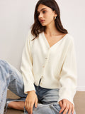 V-Neck Metal Button Cardigan in White — Svelte Chic