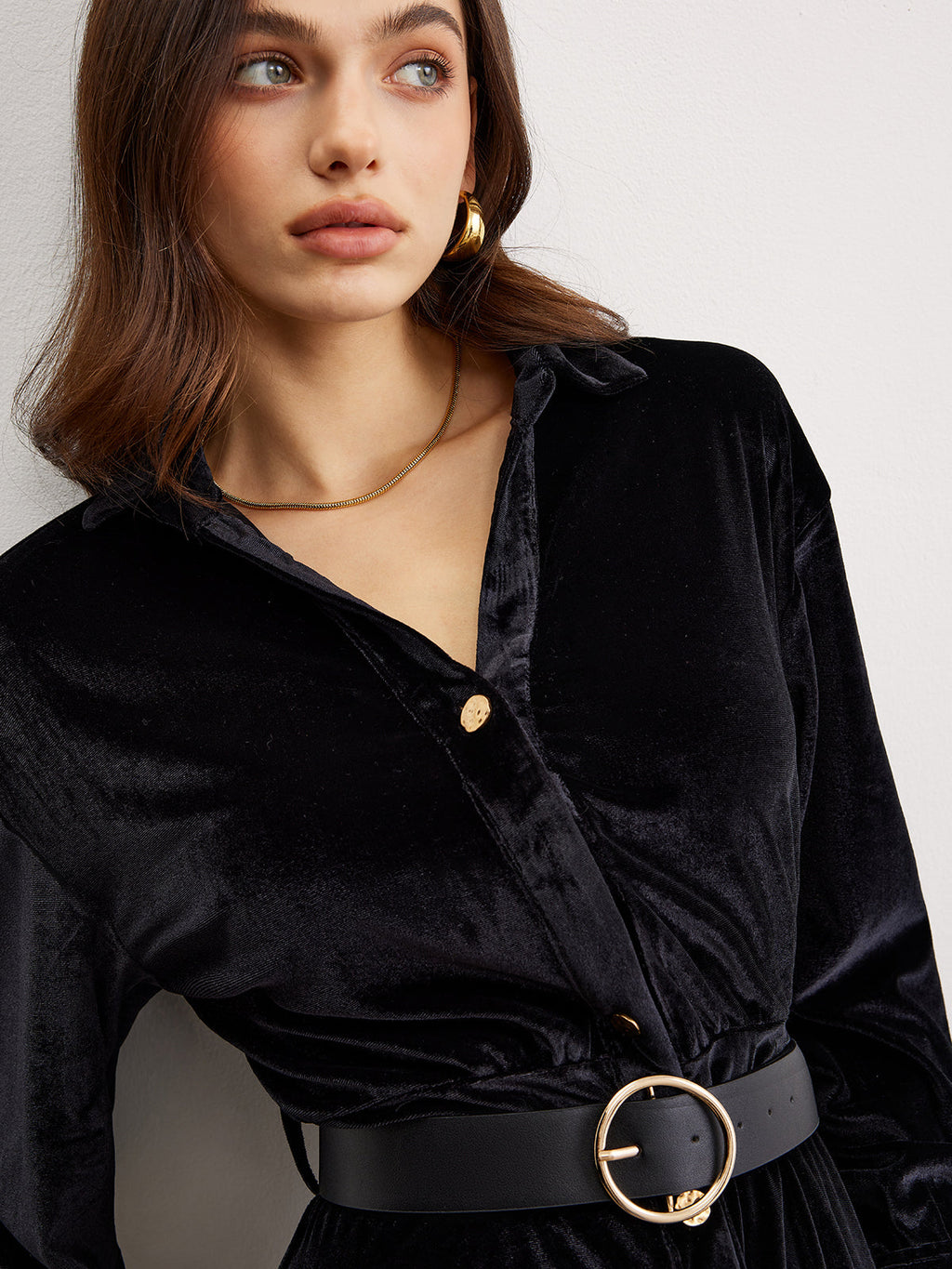 Metal Button Belted Velvet Mini Dress — Svelte Chic