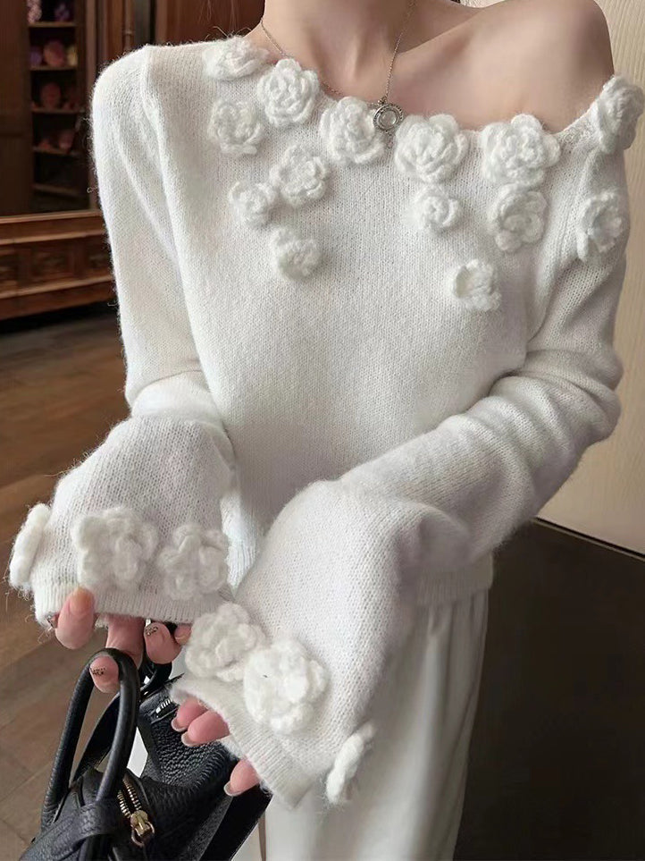 3D Flower Jersey Sweater in White — Svelte Chic
