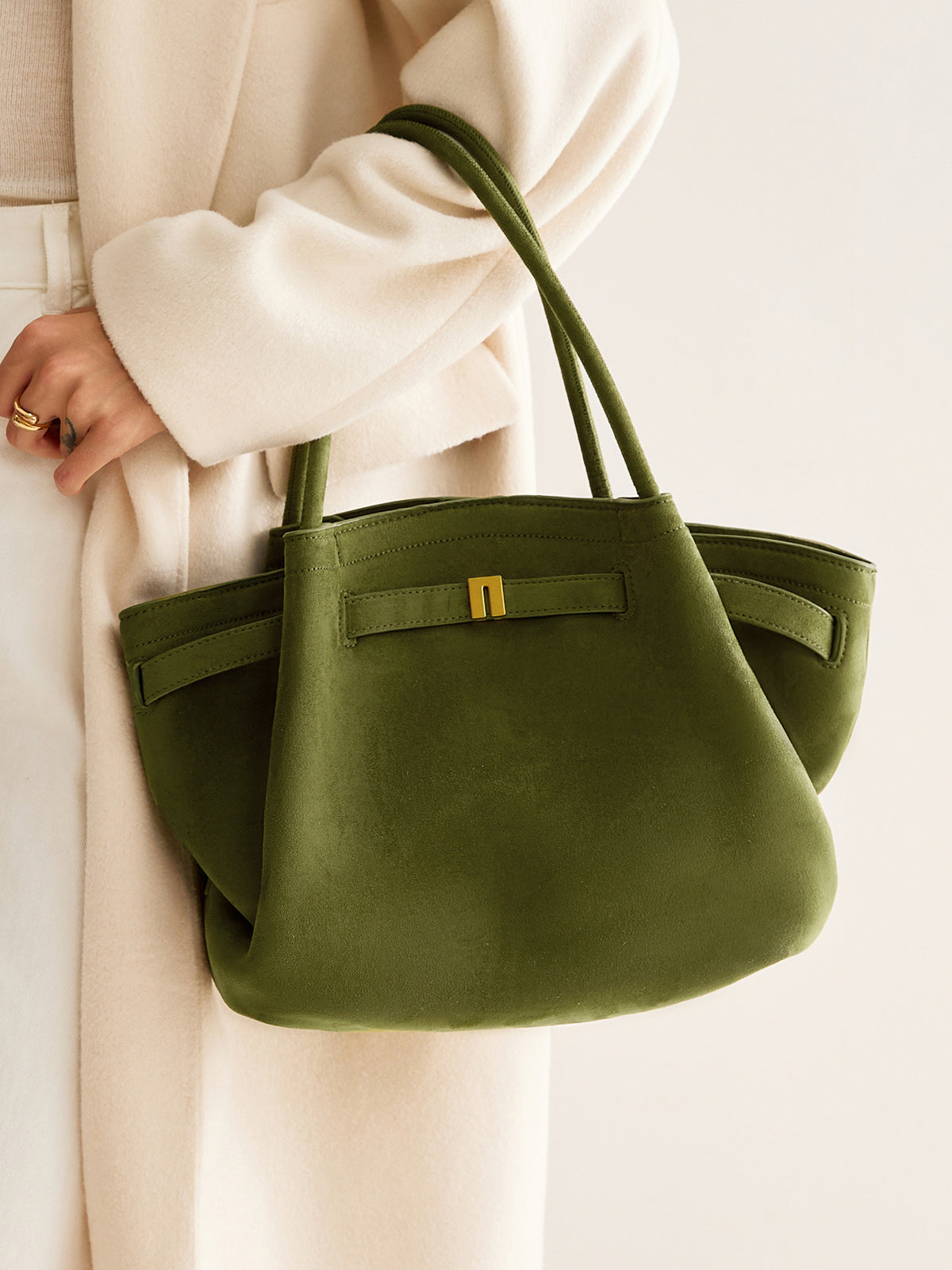 Suede Pleated Top Handle Bag in Dark Green — Svelte Chic