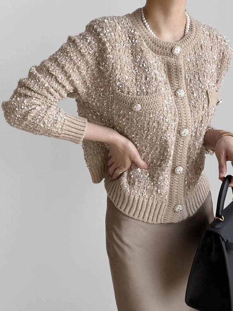 Rhinestone Button Down Cardigan in Khaki — Svelte Chic