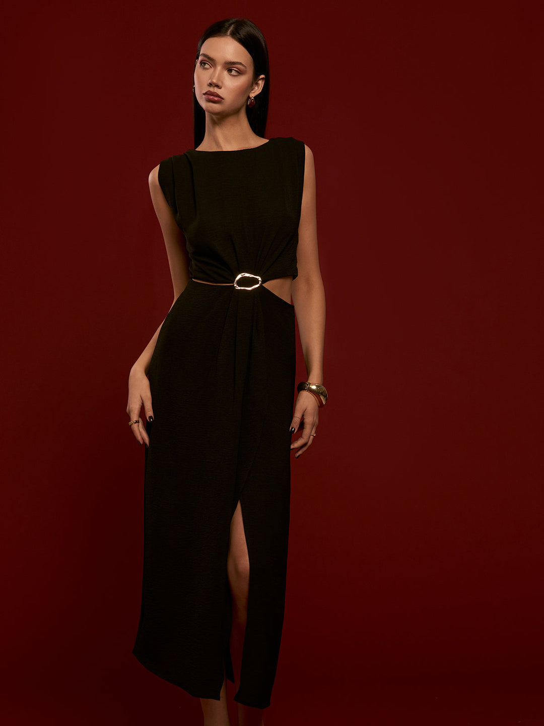 Metal Halka Kesik Piliseli Abiye Elbise