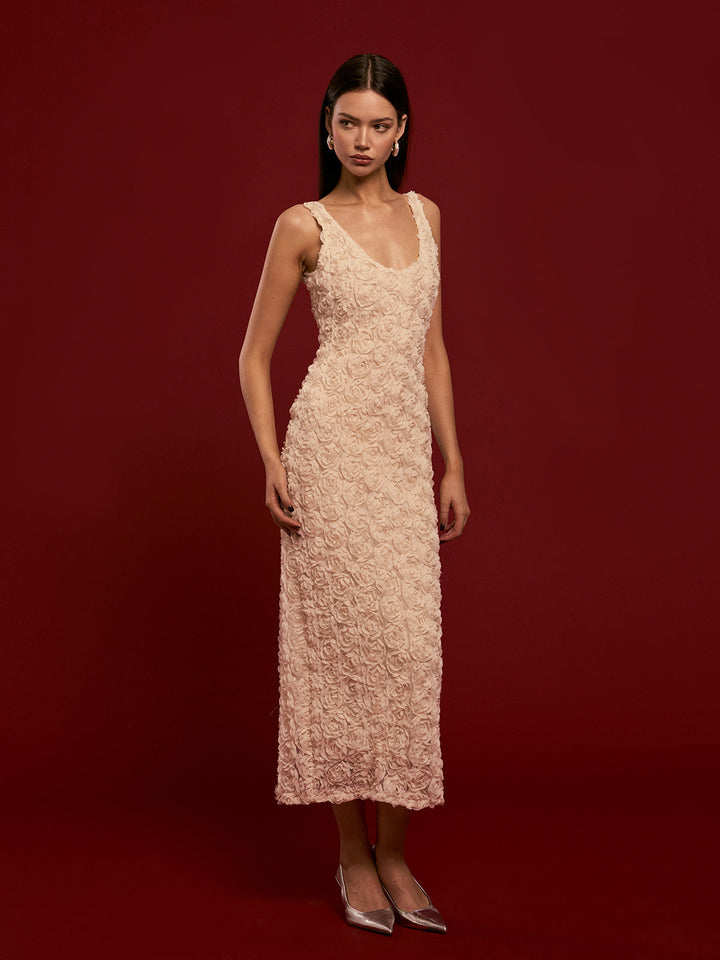 Romantik 3D Çiçekli Abiye Askılı Elbise