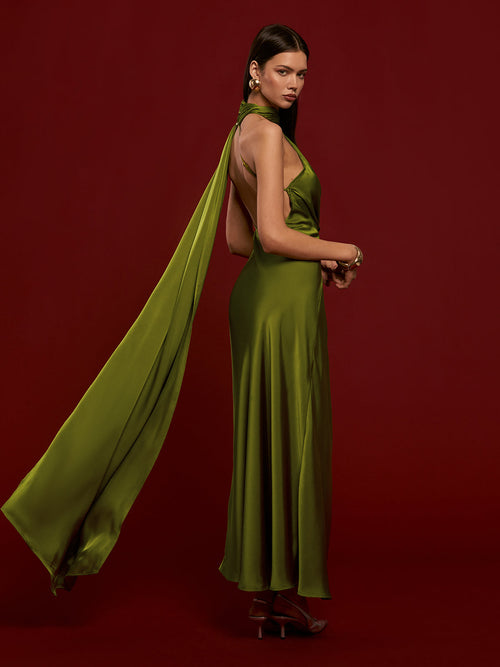 Asymmetric Backless Satin Maxi Dress in Green — Svelte Chic