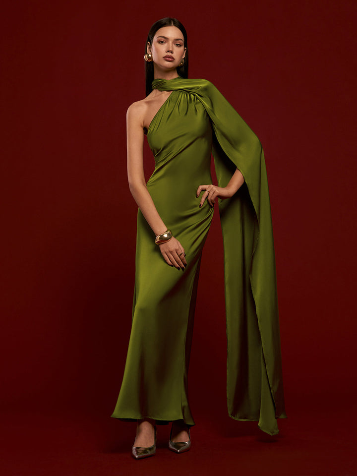 Asimetrik Sırt Dekolteli Saten Abiye Elbise