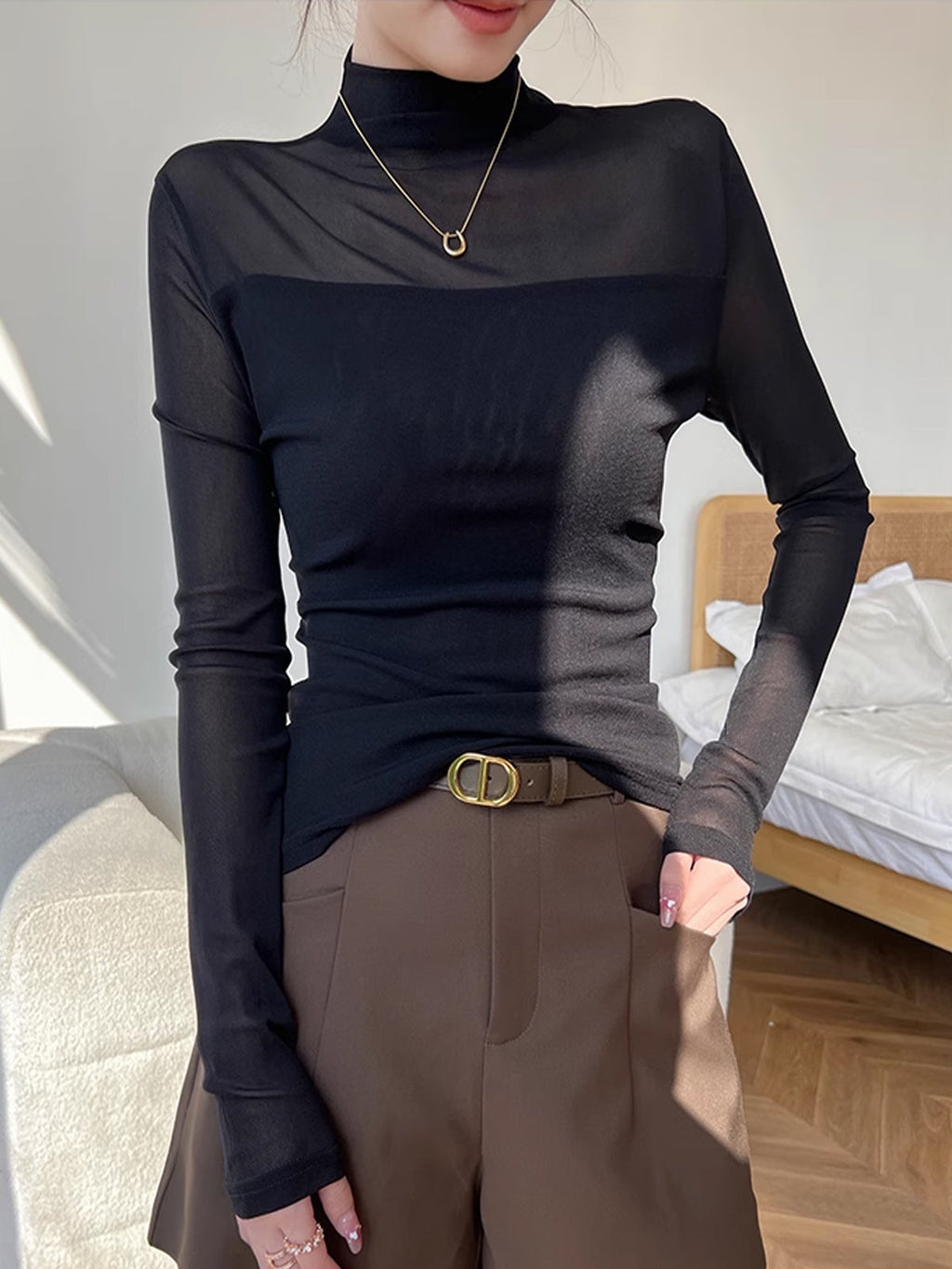 Mock Neck Sheer Mesh Panel Blouse — Svelte Chic