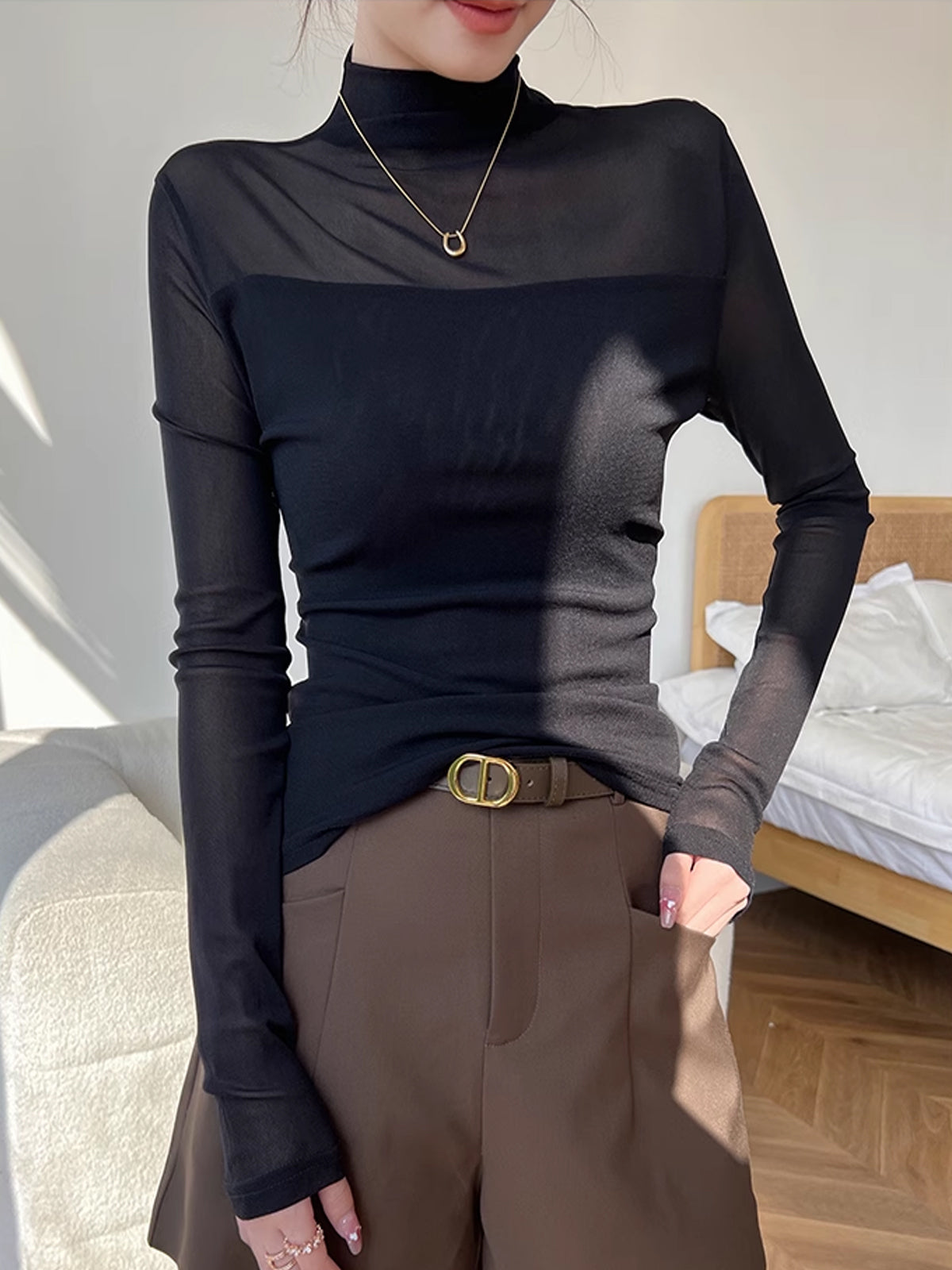 Mock Neck Sheer Mesh Panel Blouse — Svelte Chic