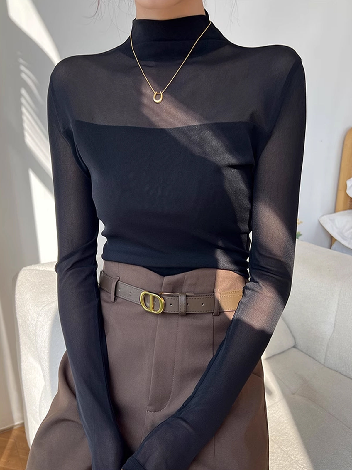 Mock Neck Sheer Mesh Panel Blouse — Svelte Chic