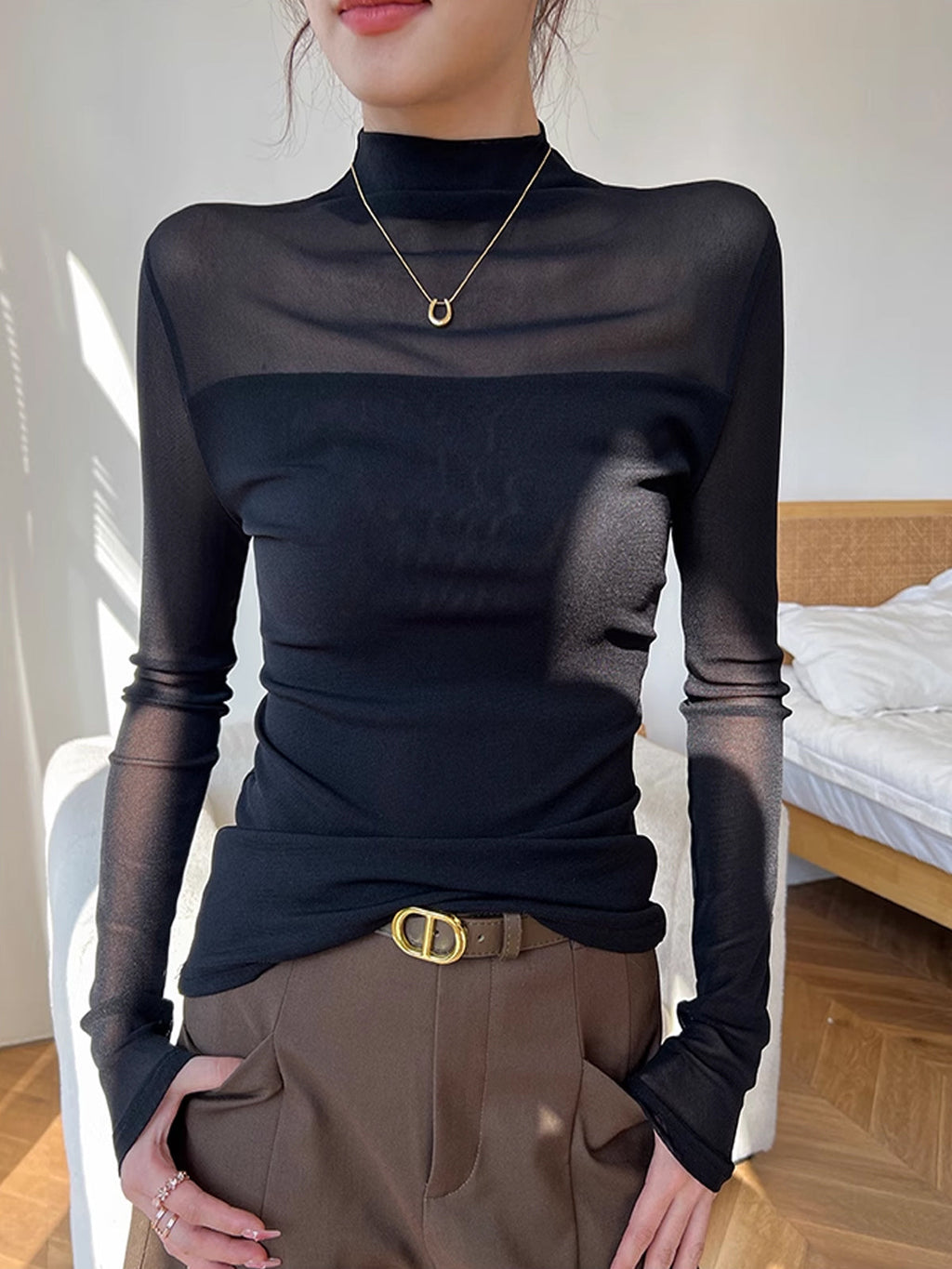 Mock Neck Sheer Mesh Panel Blouse — Svelte Chic