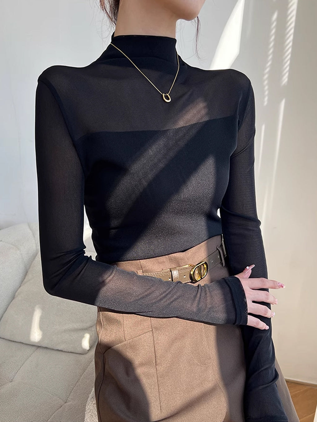 Mock Neck Sheer Mesh Panel Blouse in Black — Svelte Chic