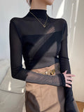 Mock Neck Sheer Mesh Panel Blouse in Black — Svelte Chic