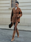 Belted Tweed Coat in Dark Brown — Svelte Chic
