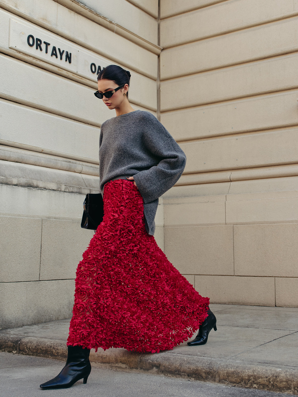 High Waist Rose Jacquard Maxi Skirt in Red — Svelte Chic