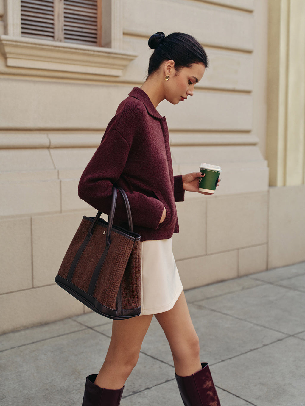 Zip Polo Collar Cardigan in Burgundy — Svelte Chic