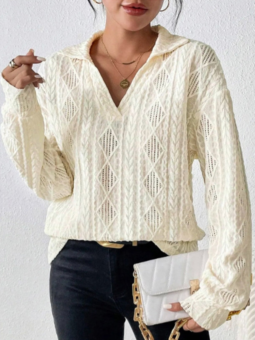 Openwork Butterfly Polo Top in Apricot — Svelte Chic