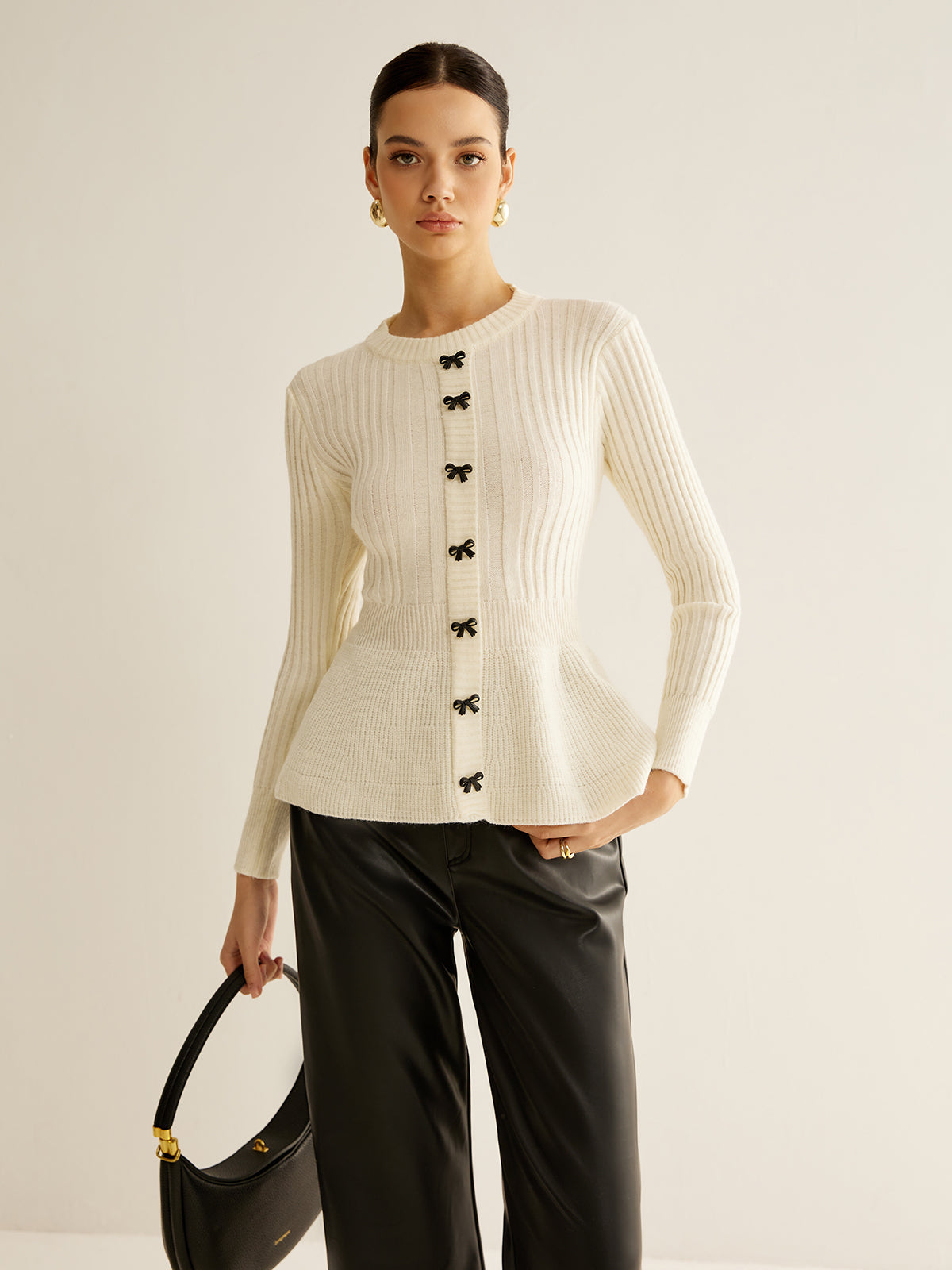 Bow Button Knit Top in White — Svelte Chic