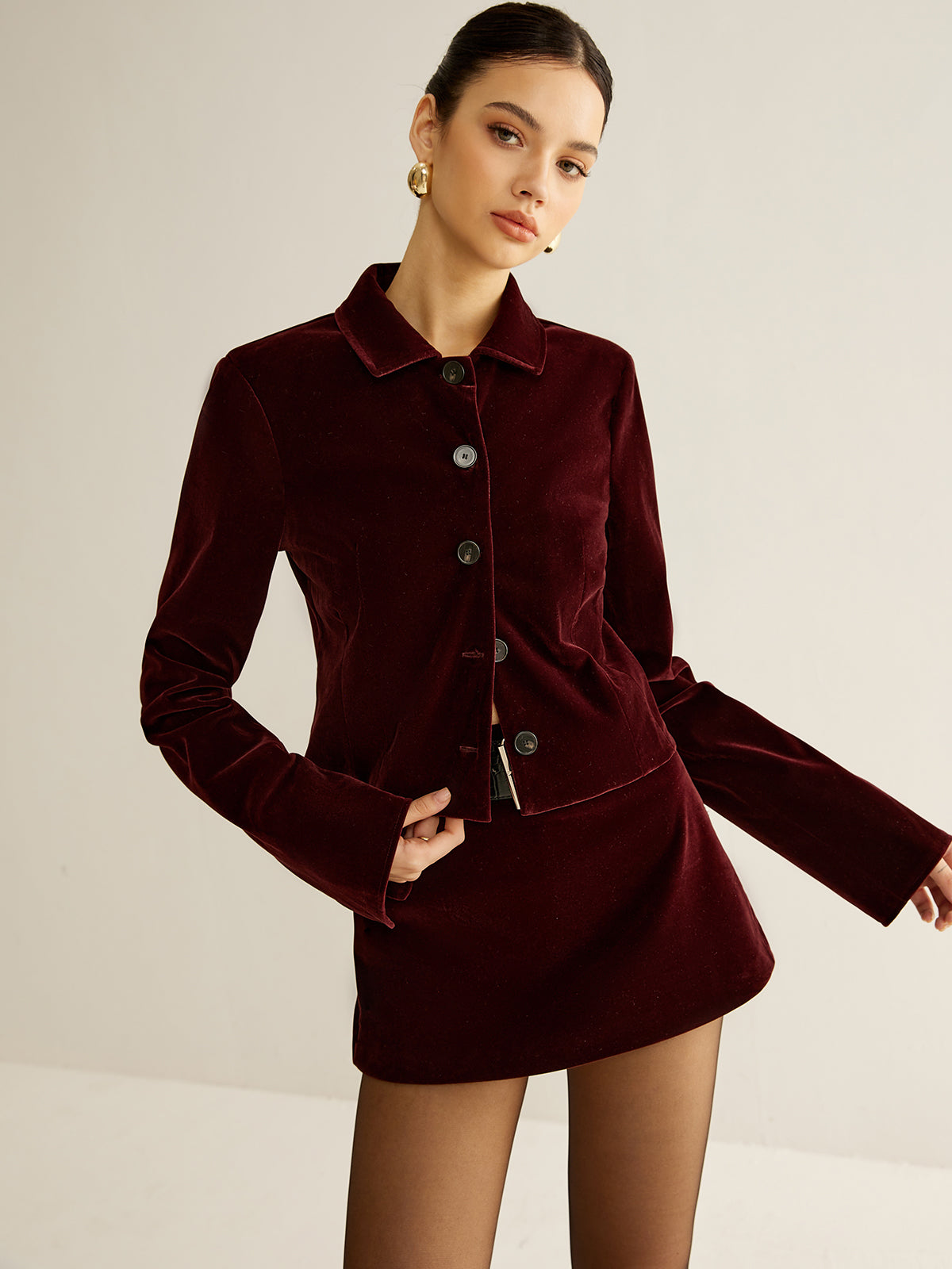 Velvet Cropped Blazer in Burgundy — Svelte Chic